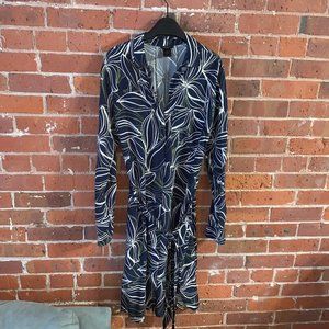 Ann Taylor Factory Navy w/ Large White/Green Flowers Belted Shirt dress